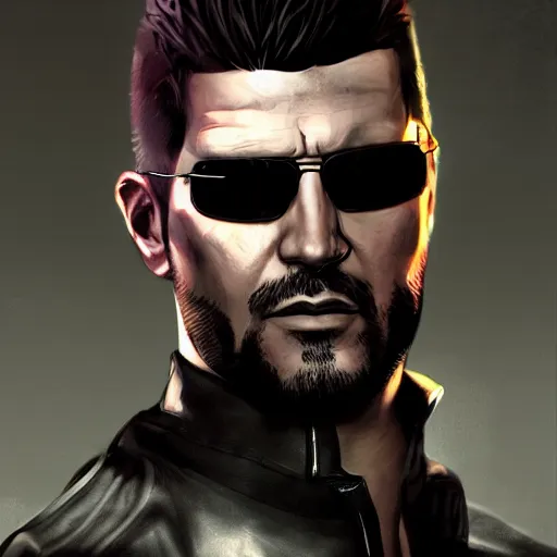 Prompt: Adam Jensen from Deus Ex as a GTA character, by Cedric Peyravernay, highly detailed, excellent composition, cinematic concept art, dramatic lighting, trending on ArtStation
