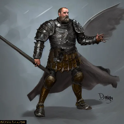 Prompt: concept art, gull body, 45 years old men, strict, militaristic, medieval heavy armor, no helmet, spear, high detail, digital art, medieval fantasy, realistic