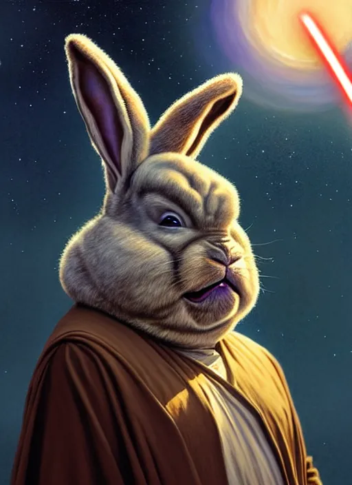 Prompt: hyper realistic, star wars, zoomed out portrait of a mega derpy john candy as big chungus, with bunny ears, stoned, by greg rutkowski, scott m fischer, artgerm, loish, slight glow, atmospheric, anne stokes, alexandros pyromallis