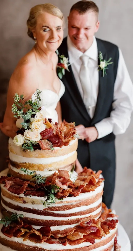 Image similar to a wedding cake made of bacon, professional food photo, by linda eastman, bride and groom on top of the wedding cake,