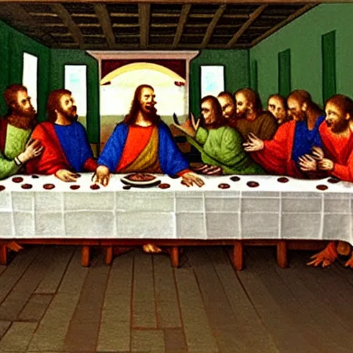 Image similar to pepe the frogs in the last supper