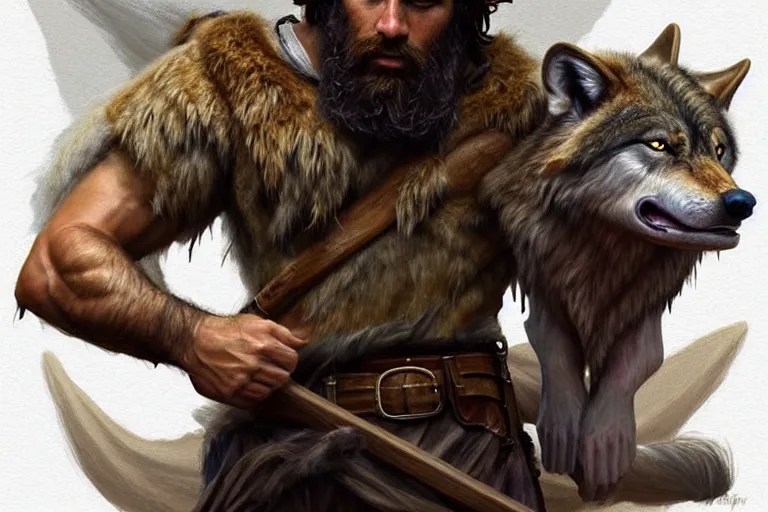 Prompt: painterly full body portrait of a gruff biblical ranger with a wolf, lean and toned, handsome face, hairy chest and hairy body, D&D, intricate, elegant, highly detailed, digital painting, artstation, concept art, matte, sharp focus, chiaroscuro, well lit, illustration, art by Artgerm and Greg Rutkowski and Alphonse Mucha