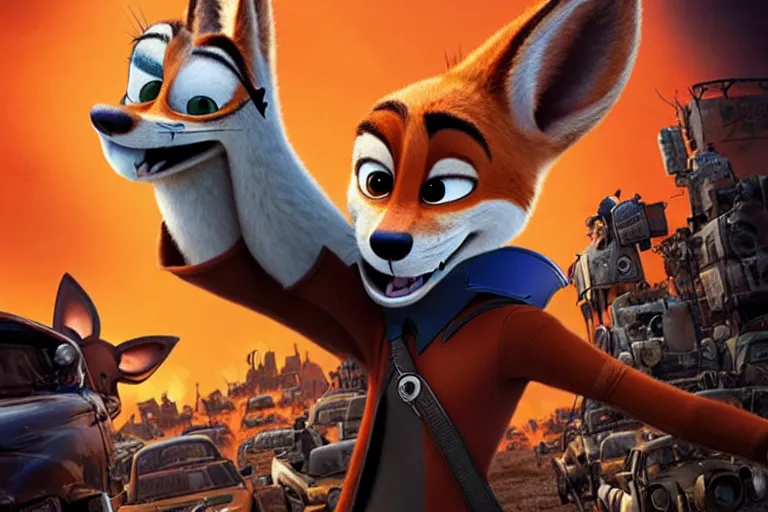 Image similar to nick wilde ( from zootopia ), heavily armed and armored facing down armageddon in a dark and gritty reboot from the makers of mad max : fury road