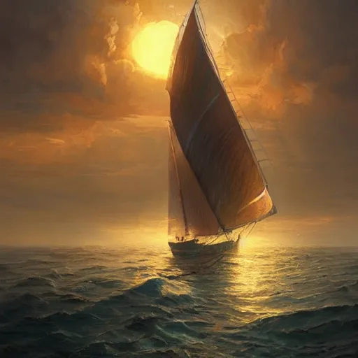 Image similar to sailing, sunset , highly detailed, illustration, fantasy art, in the style of greg rutkowski, epic, fantasy, intricate, hyper detailed, artstation, concept art, smooth, sharp focus, ray tracing