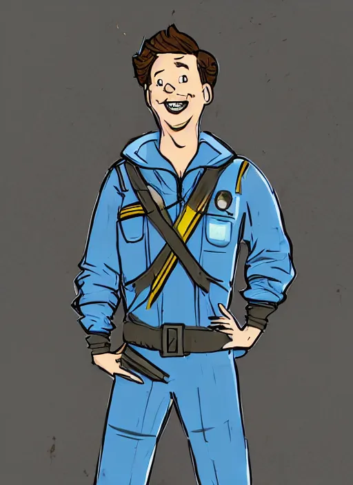 Image similar to youtuber tom scott as a vault dweller in fallout, wearing a blue vault dweller jumpsuit, beautiful high quality realistic game concept art, trending on artstation by ilya nazarov