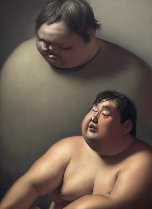 Image similar to insanely detailed chiaroscuro image of a exhausted - looking chubby casually - dressed programmer guy on his knees facing his glowing ultrawide monitor monitor begging it for forgiveness, oil on canvas, masterwork, fine detail, trending on artstation, emotive, insanely compelling, ryden, koons, moebius