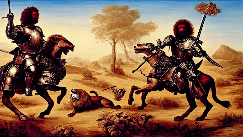 Image similar to fully armored knight wielding an automatic weapon fighting a lion in a medieval setting, painted by bob ross