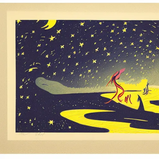 Image similar to spaceghost coast to coast by robert antoine pinchon. a beautiful print of a woman with long flowing hair, wild animals, & a dark, starry night sky.