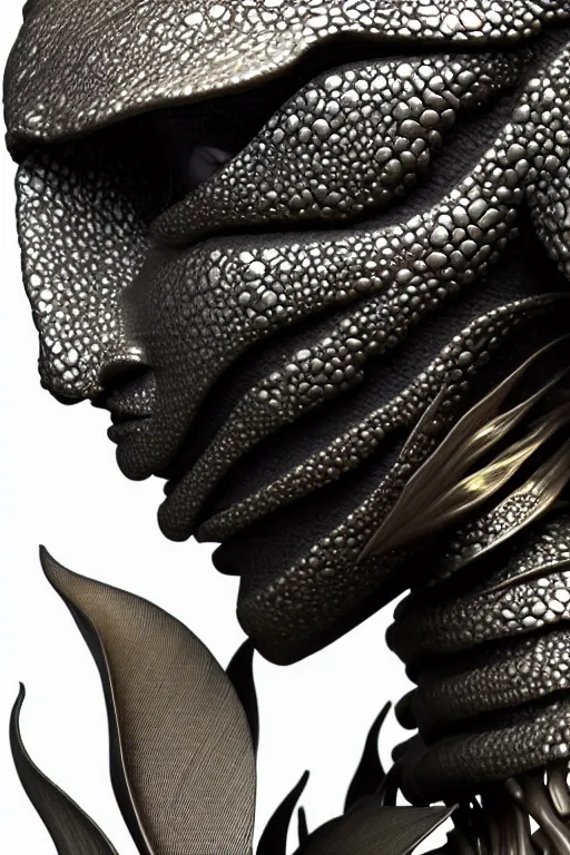 Image similar to bw close - up profile face, black background, beautiful young porcelain vegetal - dragon - cyborg - female, 1 5 0 mm, beautiful natural soft rim light, silver gold details, magnolia leaves and stems, roots, mandelbot fractal, elegant, ultra detailed, white metallic armour, octane render, h. r. giger style