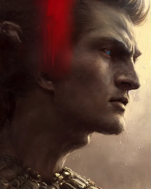 Image similar to close up of a young emperor wearing an armor ; masculine man with thin faces line and perfect jawline, two sides brown hair, elegant, ethereal horror fantasy art by greg rutkowski, jeremy mann, magali villeneuve and claude monet, large shoulders, red background