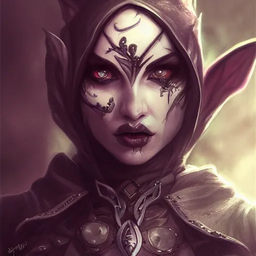 Image similar to detailed portrait, shadar kai, flyn rider elf rogue, bloodbourne, fine details, realistic shaded,dynamic pose, natural lighting, medium level shot, Mucha style , Grim fantasy, illustration ,concept art,