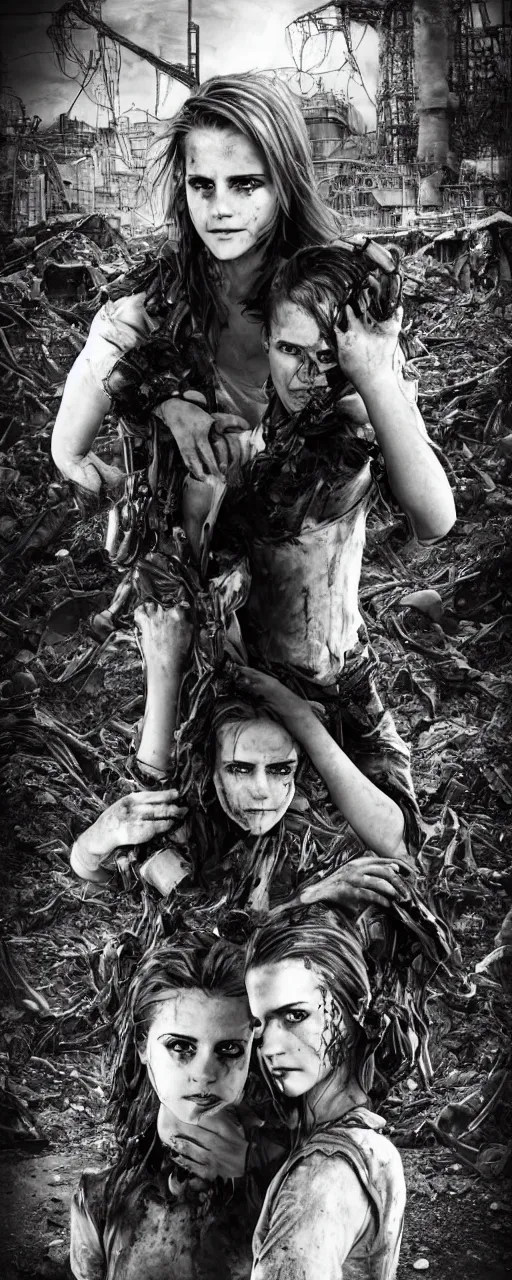 Image similar to photorealistic Emma Watson conjoined closeup angry tired fighting yelling warface face vascular nerve bundles fractal mecha spinal chord fractal armour twinned conjoined sisters action poses dishevelled photorealistic portrait grimy sweating bloody oily wet face dirty t-shirt and torn jeans in broken biomechanical fractal armour abandoned exploding sci-fi abandoned coal power station being reclaimed by the jungle, cinematic lighting, dark and dim atmospheric smog trending on artstation 8k matte painting, dramatic lighting, dramatic shadows professional photograph by Patrick Demarchelier, Sparth and Greg Rutkowski