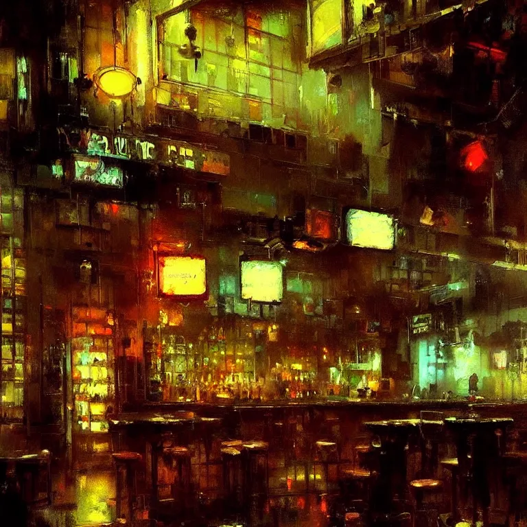 Image similar to neon bar interior by jeremy mann greg rutkowski beautiful detailed painting