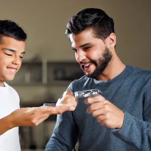 Prompt: a handsome young man showing his friend his new cybernetic enhancements