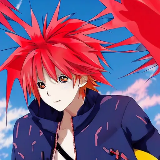 Image similar to orange - haired anime boy, 1 7 - year - old anime boy with wild spiky hair, wearing red jacket, running past colorful building, red - yellow - blue colored building, turquoise aquamarine windows, strong lighting, strong shadows, vivid hues, ultra - realistic, sharp details, subsurface scattering, intricate details, hd anime, 2 0 1 9 anime