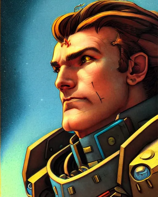 Image similar to reinhardt from overwatch, character portrait, portrait, close up, concept art, intricate details, highly detailed, vintage sci - fi poster, retro future, in the style of chris foss, rodger dean, moebius, michael whelan, and gustave dore