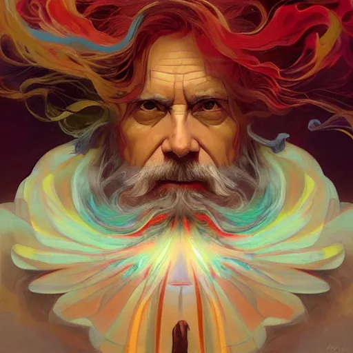 Prompt: swirling clouds in a stormy sky forming the shape of the face of a wise but stern old man. Colorful, reds, yellows, blues. Beautiful, dreamy digital art by Artgerm and Greg Rutkowski and Alphonse Mucha