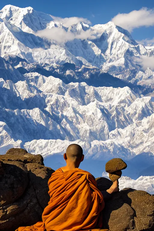 Image similar to A monk with his back to the camera sits beside a rock on a distant top of the mountain, looking at the snowy Himalayas in the distance, yellow clothes,faith,piety,4k, realistic,photography,landscape,high contrast,ISO100,300mm,trending on artstation.