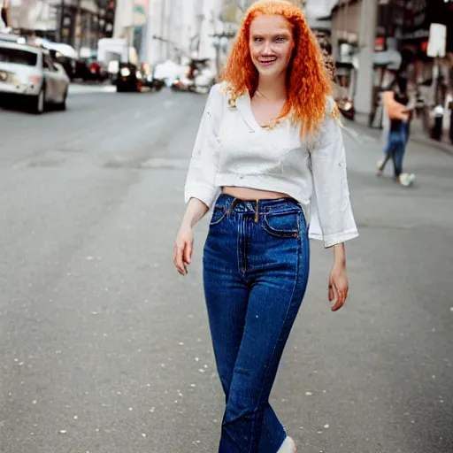 Image similar to Portrait photograph of a Strawberry-Blonde Girl, Young Beautiful Face, Green Eyes, Freckles, Wearing a white crop-top and jeans, with a subtle smile, Humans of New York Style, Leica Camera 50mm lens, street photography, aesthetic canon of proportions, grainy film photo