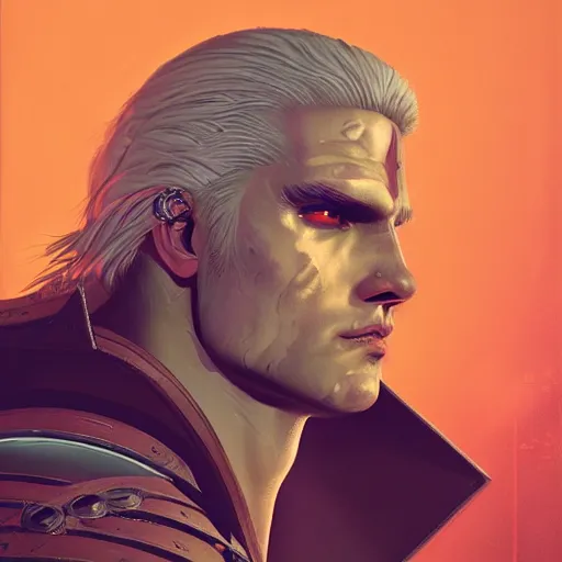 Image similar to Lofi vaporwave cyberpunk portrait of Geralt of Rivia, closeup, Tristan Eaton, Tom Bagshaw