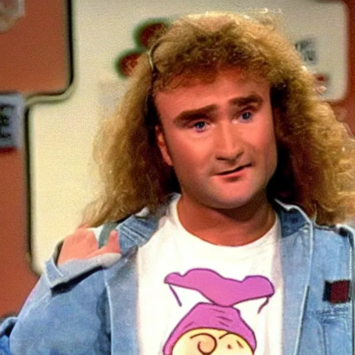 Prompt: A screenshot of Phil Collins in an episode of Saved By The Bell