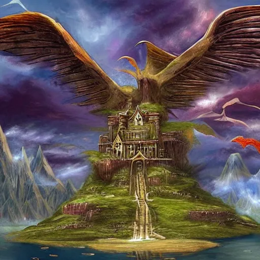 Image similar to a castle on a flying island, masterpiece, flying island in the sky, clouds background magic the gathering coloring style, epic fantasy style art, fantasy epic digital art, epic fantasy card game art