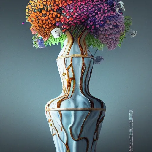 Image similar to biomorphic painting of a vase with flowers, au naturel, hyper detailed, digital art, trending in artstation, cinematic lighting, studio quality, smooth render, unreal engine 5 rendered, octane rendered, art style by klimt and nixeu and ian sprigger and wlop and krenz cushart