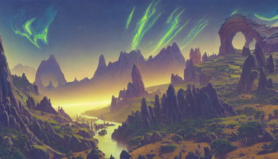 Prompt: landscape painting of Nagrand from World of Warcraft, floating isles, waterfalls, astral sky, art by chesley bonestell