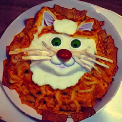 Image similar to “ garfield the cat dressed as a gnome eating lasagna ”