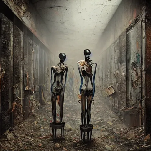 Image similar to A horrific painting of sinister broken mannequins in an abandoned warehouse. Backroom liminal spaces. Queue. Door. by Tom Bagshaw, Dan Mumford, Dariusz Zawadzki, Todd McFarlane, and Erik Johansson