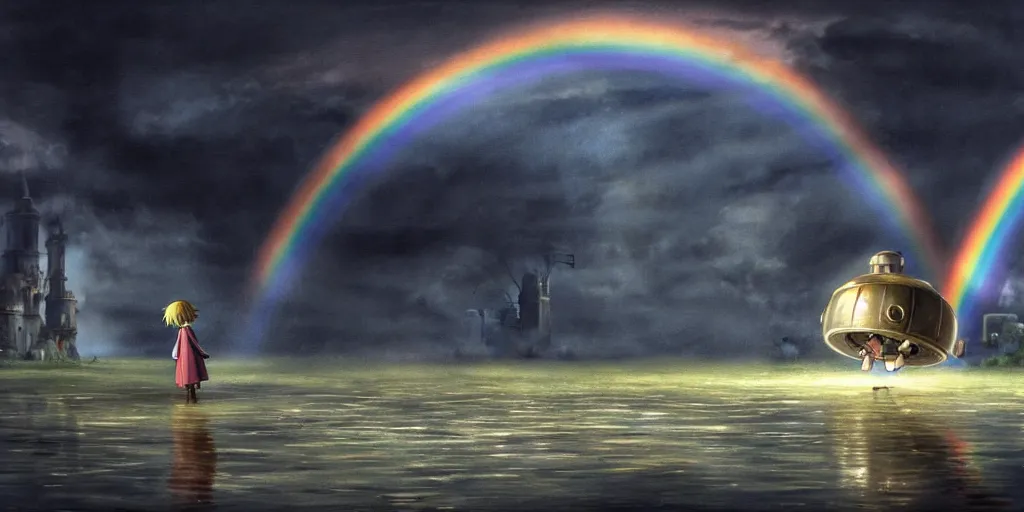 Prompt: a realistic and atmospheric cell - shaded concept art from howl's moving castle ( 2 0 0 4 ) of a rainbow colored ufo landing on the ground. a grey monk is standing in a flooded parking lot. it is a misty starry night. very dull muted colors, hd, 4 k, hq
