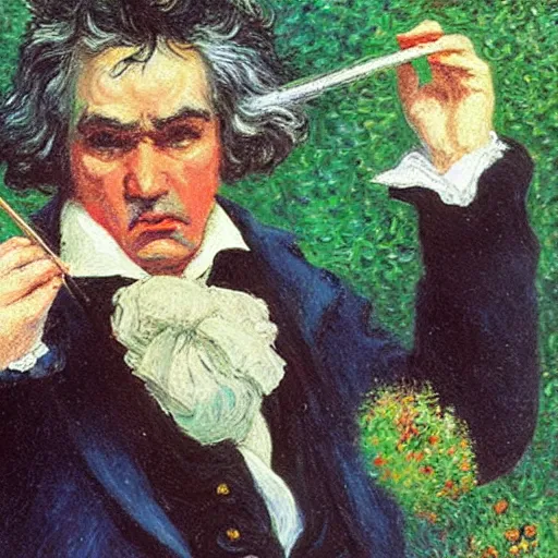 Image similar to beethoven smoking weed, conducting symphony by monet and peter bruegel