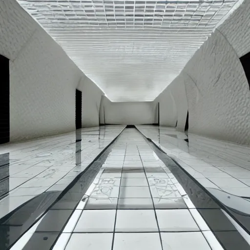 Image similar to photo of a bizarre oddly-shaped interior covered by ceramic white tiles with shallow water everywhere