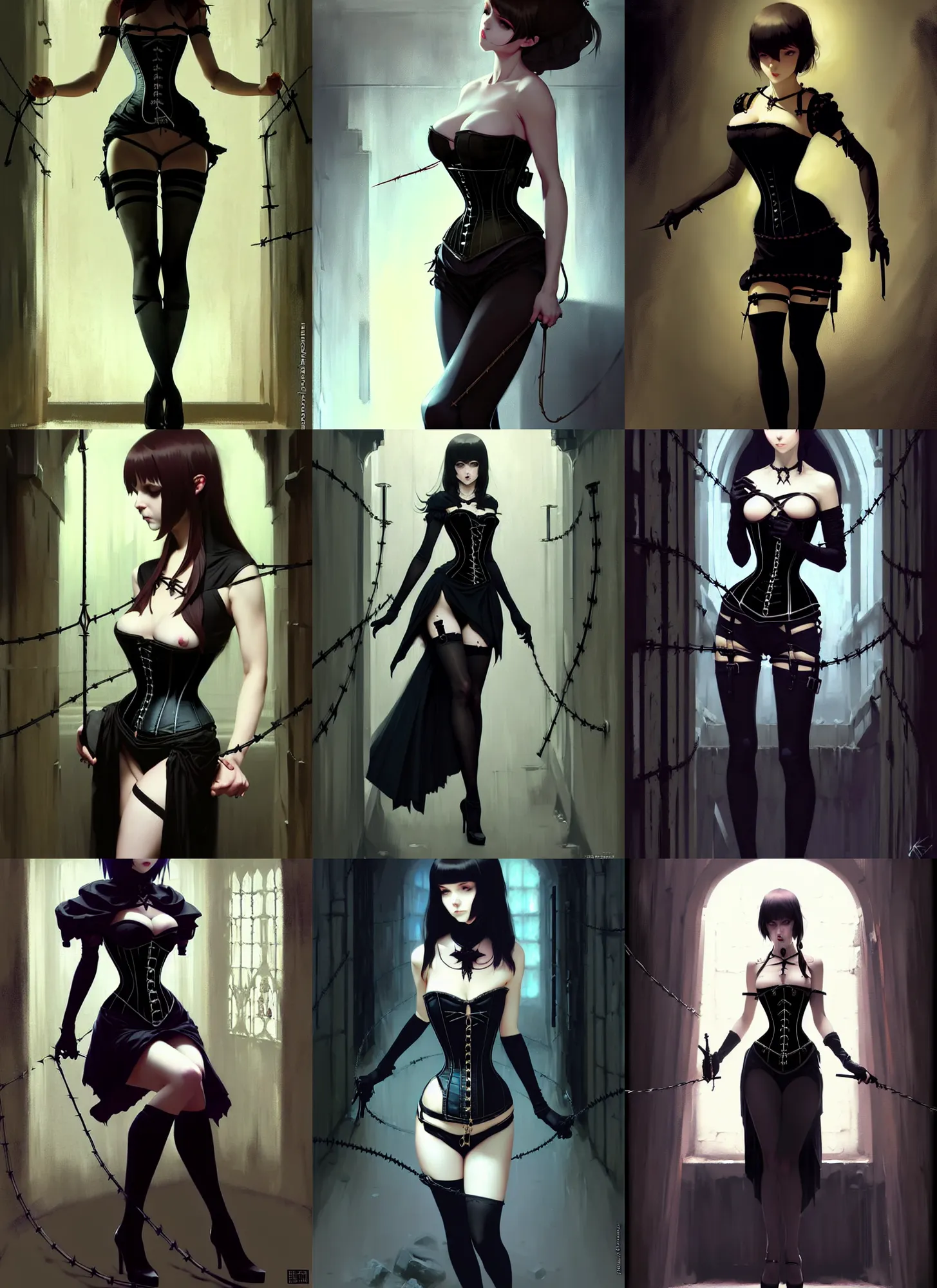 Prompt: an elegant beautiful gothic princess in a dungeon, bound by barbed wire, very tight corset, high heels, full body, style of ilya kuvshinov greg rutkowski, masterpiece, very high quality, dark, intricate, high resolution