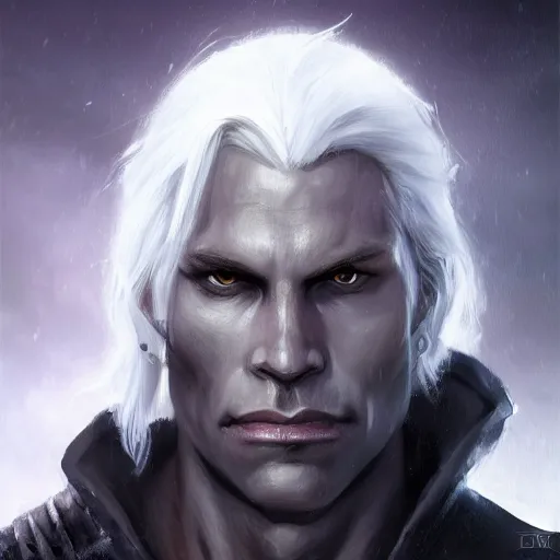 Prompt: realistic portrait of drizzt du orden by r. a. salvatore, dark elf with purple eyes and white hair, trending on artstation, dark gloomy cave background, low angle oil painting and composition laws, cinematic lighting, hyperdetailed, cgsociety, 8 k