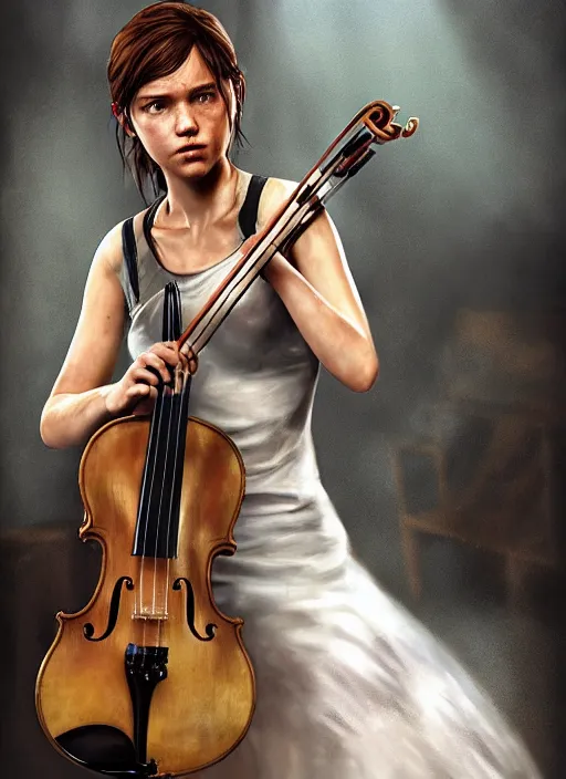 Prompt: ellie from the last of us in a white dress playing the violin on stage. hyperrealistic oil painting, 4k, very detailed faces, art station