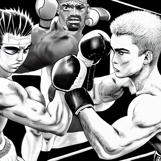 Prompt: a boxing match, manga panel, masterpiece, by joji morikawa, 4 k wallpaper, realistic anatomy