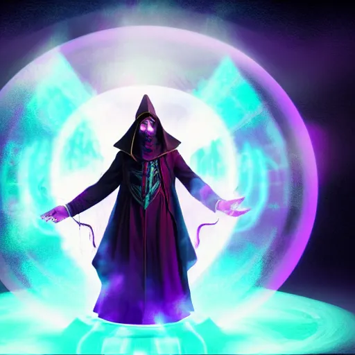 Image similar to a warlock is casting a magic spell, while magic orb is floating in his hand, the magic orb emit a blueish vapour, dynamic pose, chromatic aberration , medium level shot, Mucha style , Grim fantasy, illustration ,concept art,