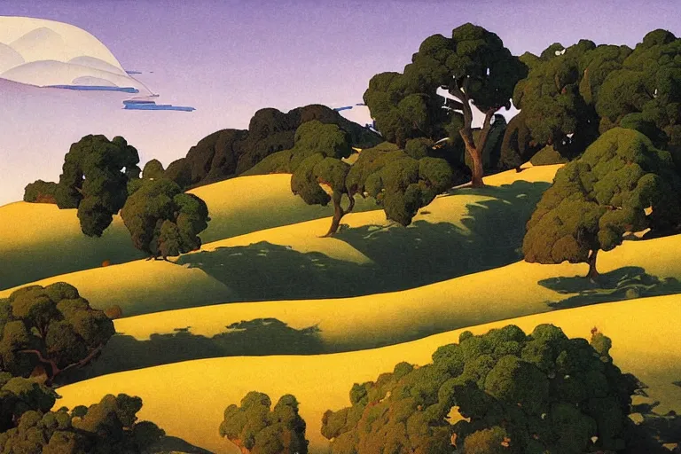 Prompt: masterpiece painting of california hills in the summer, by a. j. casson and john watkiss and edward okun and erin hanson and victo ngai and dan munford and maxfield parrish and j. c. leyendecker and andreas rocha, oak trees and dry grass, dramatic lighting