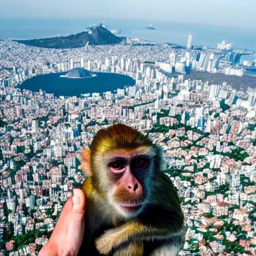 Image similar to high quality portrait of a monkey in front of Christ The Redeemer, studio photograph, photograph, realistic photo, 8k photo, 4k photo, stock photo, high resolution, cinematic shot, high detail