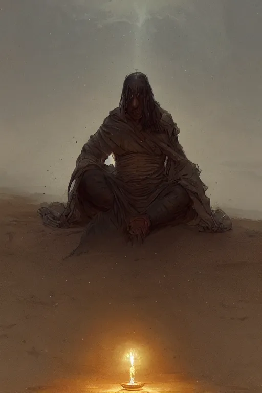 Image similar to lonely wanderer sitting at lap praying in desert, lit by the light of gods, abandoned by gods, hyperdetailed artstation cgsociety by greg rutkowski and by Gustave Dore