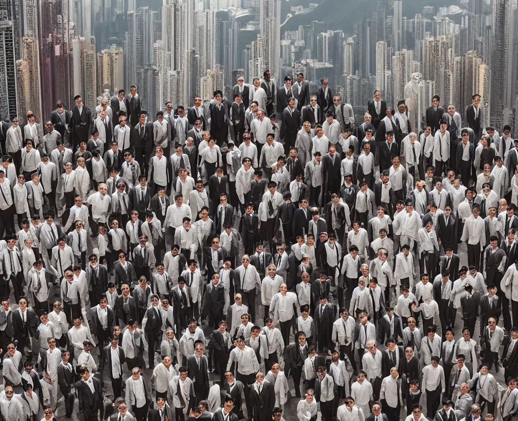 Prompt: business men group by jimmy nelson. on a roof in center hong kong