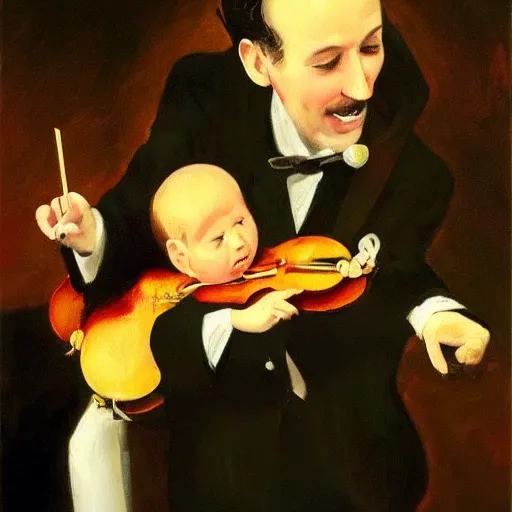 Prompt: the conductor of an orchestra but the conductor is a baby, illustration, oil painting, masterpiece.