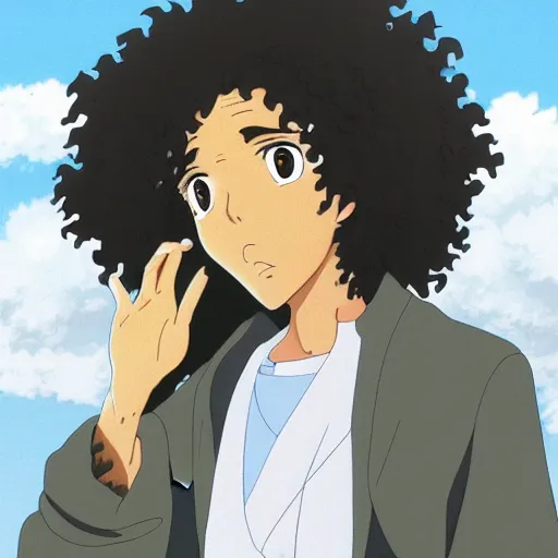 Image similar to a somali man with curly hair, anime style, studio ghibli, contemplative, beautiful, surreal, detailed, dreamy, philosophical