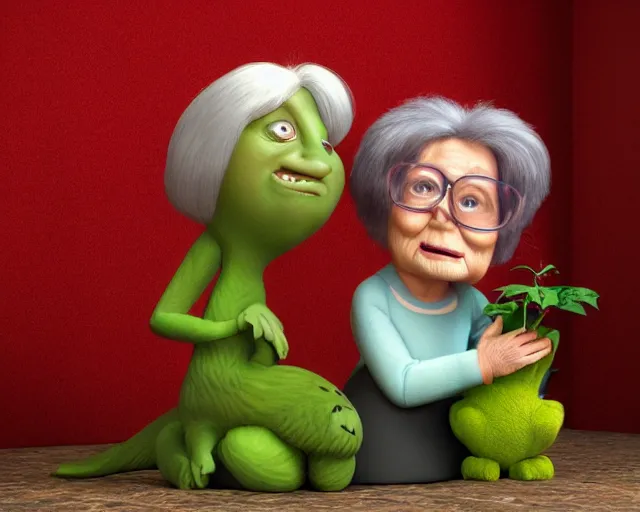 Prompt: detailed cartoon portrait of an old lady and her plant cat, pixar, sharp high quality 3d render