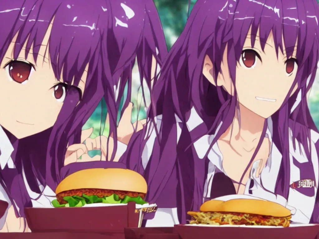 Image similar to yuuki konno from sword art online eating a big burger and being happy, purple hair, High Definition detail, 8K, anime