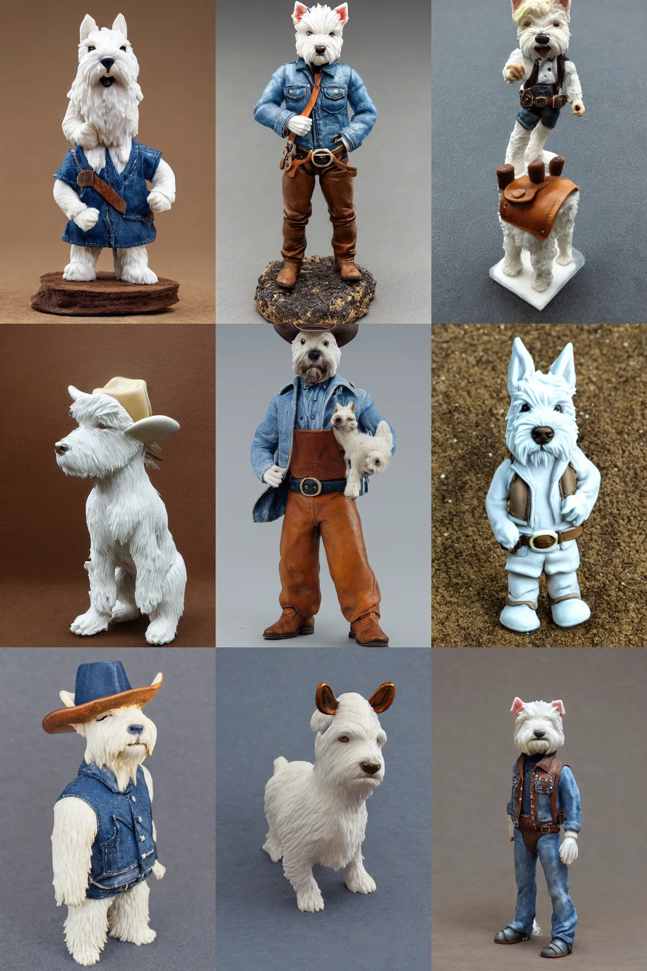 Prompt: product photo of a 120mm mini resin model of an anthropomorphic west highland white terrier-cowboy wearing, Short brown leather jacket, denim short pants, cow boy hat; ultra detailed, super realistic, 4K, Full body