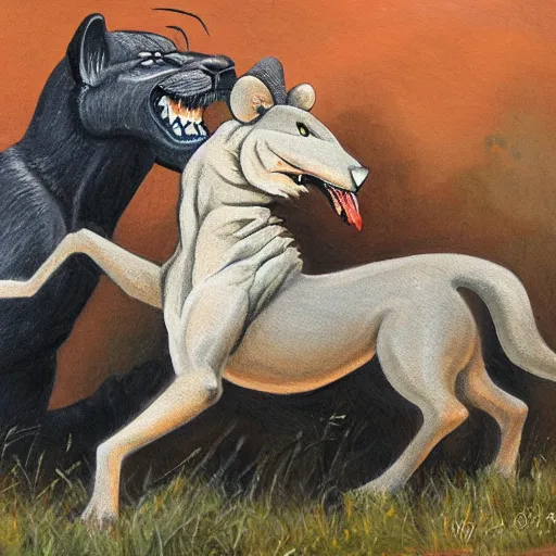 Prompt: painting of roaring lion and mouse