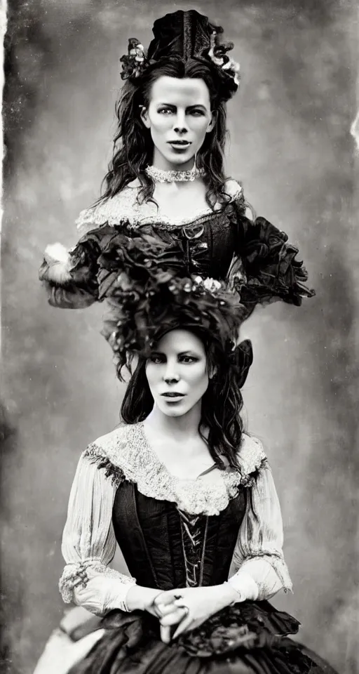 Image similar to wet plate photograph, a beautiful portrait of Kate Beckinsale dressed in victorian era clothes