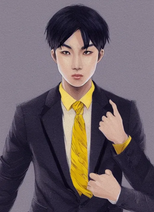 Image similar to a highly detailed illustration of attractive short black haired young asian man wearing suit, yellow eyes, dramatic thinking pose, intricate, elegant, highly detailed, centered, digital painting, artstation, concept art, smooth, sharp focus, league of legends concept art, WLOP